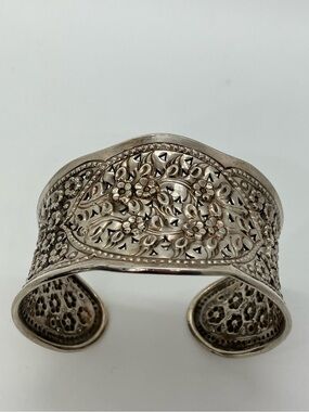 Vtg 925 Floral Repousse Wide Sterling Silver Statement Cuff Bracelet